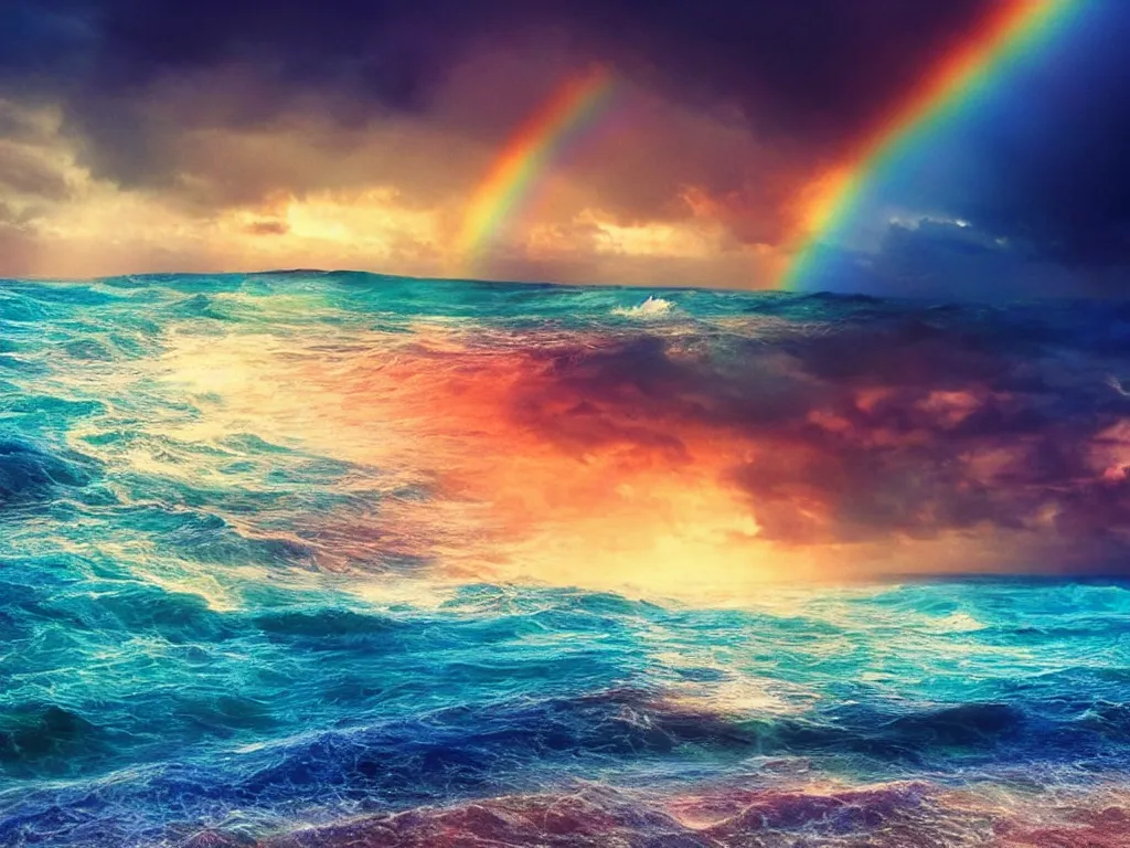 Image similar to Stunning dreamy rainbow colored stormy waves on beach full of blue sand and crystal gems, avatar, sunny rainbow galaxy stormy sea, cinematic, sunset, hyper-realistic, high resolution, concept art, artstation