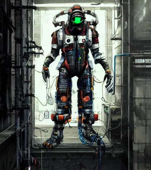 Image similar to realistic cyberpunk japanese engineer with long limbs and a black spacesuit welding a wall, techwear, dead space, visible face, Industrial Scifi, detailed illustration, character portrait, by Martin Grip and Moebius