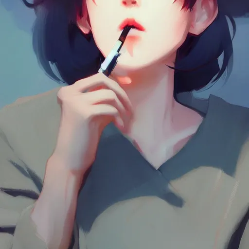 Image similar to woman smoking a cigarette by krenz cushart stu dts yoshiku wlop, white smoke, cinematic lighting, back lit, chromatic aberration, white smoke, trending on ArtStation Pixiv