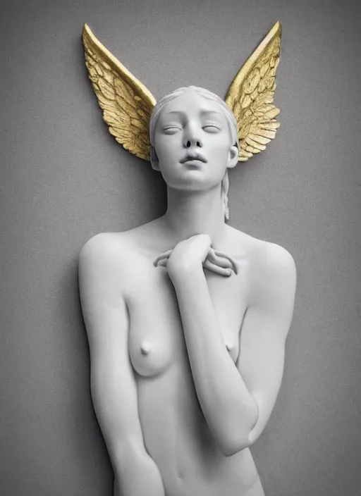 Image similar to a statue made of white marble with gold veins, of an beautiful gorgeous angel girl, full body shot, perfect symmetrical body, perfect symmetrical face, no eyes, hyper realistic, hyper detailed, fujicolor superia 1 6 0 0 photo, by johannen voss, by peter kemp, by monia merlo, by michelangelo octane render, blender, 8 k