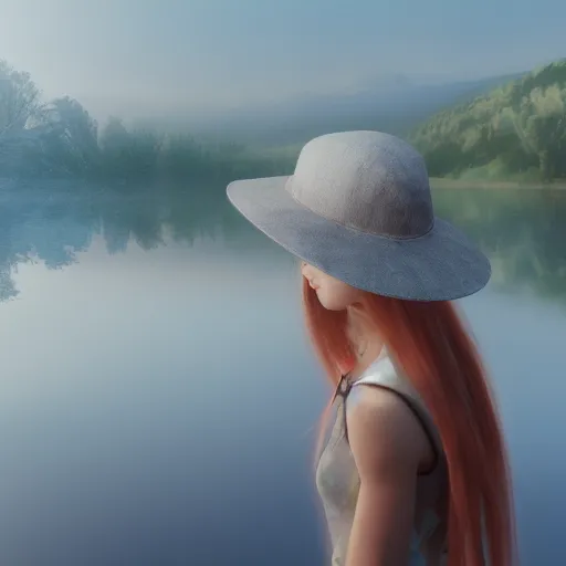 Prompt: Girl at a lake with a hat in a Picasso Matisse style highly detailed oil painting volumetric fog ultra detailed 8k octane render