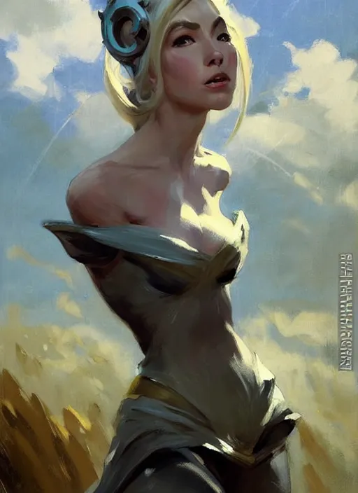 Image similar to Greg Manchess painting of Syndra from League of Legends, countryside, calm, fantasy character portrait, dynamic pose, above view, sunny day, thunder clouds in the sky, artwork by Jeremy Lipkin and Giuseppe Dangelico Pino and Michael Garmash and Rob Rey, very coherent asymmetrical artwork, sharp edges, perfect face, simple form, 100mm