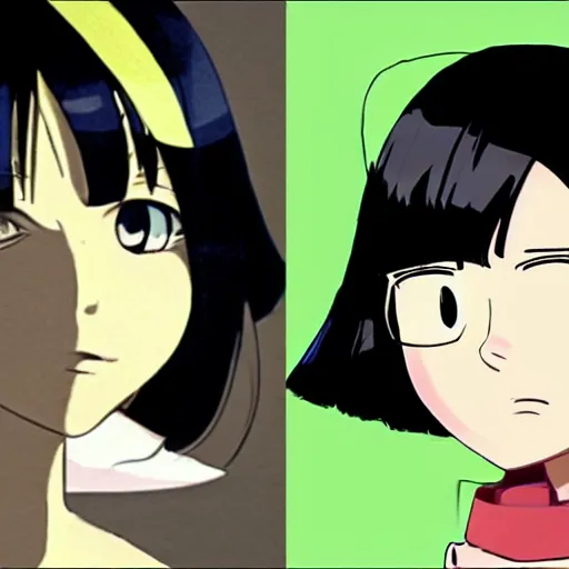 Image similar to black - haired girl with bob cut, forehead, short bangs, side profile, cel - shaded, cel - shading, 2 0 0 1 anime, flcl, jet set radio future, strong shadows subsurface scattering, cel shaded