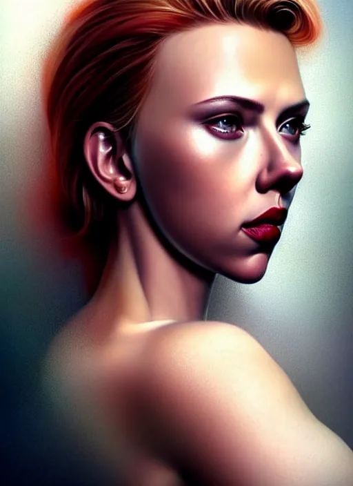 Image similar to full body gorgeous Scarlett Johansson, realistic character concept, arm tattoo sleeves, full body pose, autumn, makeup, shorter neck, illustration, symmetrical eyes and body, cinematic lighting, detailed realistic symmetrical eyes, artgerm, Joshua Middleton, single face, insanely detailed and intricate, beautiful