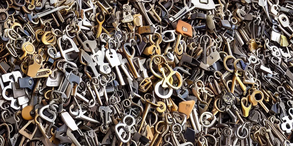 Prompt: heap of 3 0 keys of different sizes and styles, unsorted product photo, wallpaper, high detail