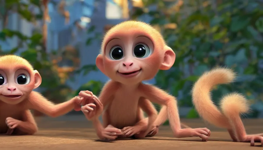 Image similar to very very very cute baby monkeys by Max Kostenko and Bobby Chiu, disney, pixar, MPC, Framestore, character design for animation, uplight, a lineup of characters, big disney eyes, symmetrical eyes, cuteness, 3d render, octane rendered, rendered by maya and houdini, highly detailed, unreal engine, Trending on Artstation, octane render, 4k, 8k, HD