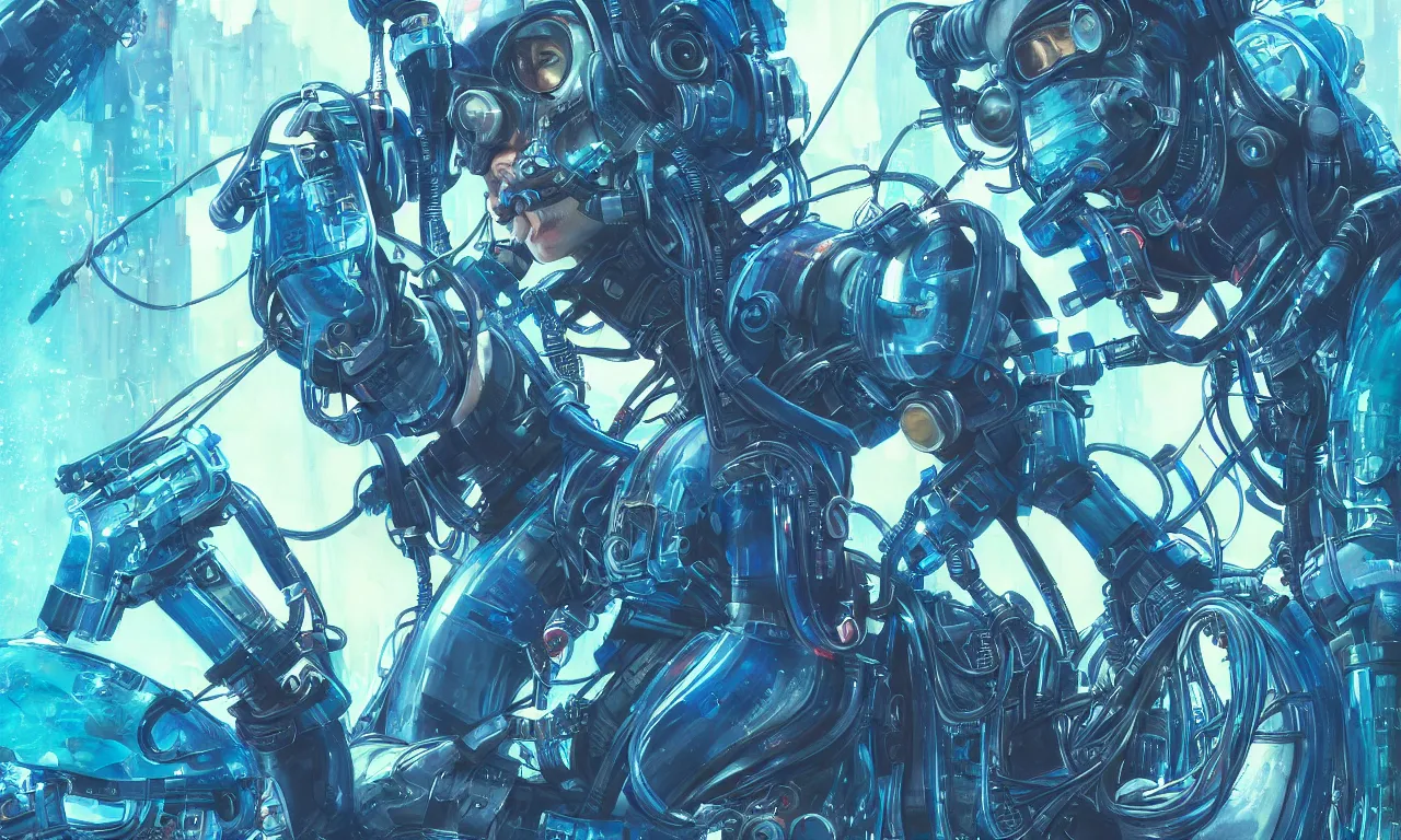 Prompt: a hyper detailed painting of a cyberpunk scuba girl, cables everywhere, blue tones, underwater, highly detailed, digital painting, artstation, concept art, smooth, sharp focus, illustration, art by artgerm and greg rutkowski and alphonse mucha