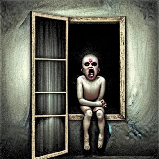 Image similar to Curtain Ghost by Mark Arian, dark, horror, surrealism, horror scene of a child staring outside the window. Screaming for help by Santiago Caruso, Stefan Koidl and Kentaro Miura