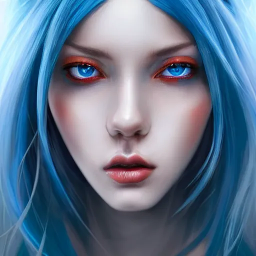 Image similar to perfectly - centered close - up portrait - photograph of blue - haired goddess with glowing - red - eyes, the perfect human female specimen, intricate, elegant, super highly detailed, professional digital painting, artstation, concept art, smooth, sharp focus, no blur, no dof, extreme illustration, unreal engine 5, 8 k, by anne stokes