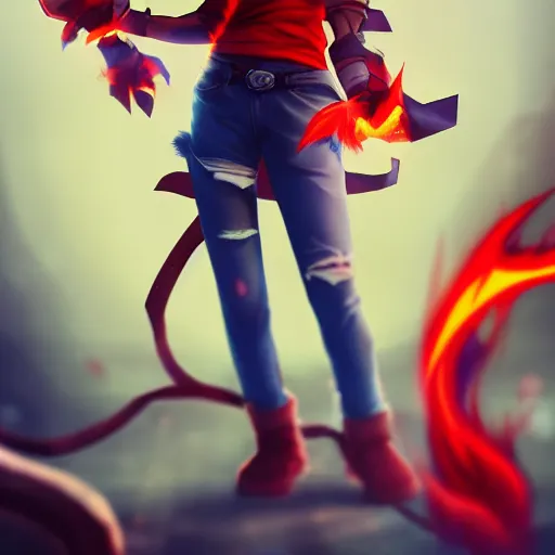 Image similar to Splash art, little anime girl league of legends style with a white t-shirt, red sleeves and regular blue jeans, has fire powers, her hair is made out of fire, her hands are on fire powerfull character, trending on artstation