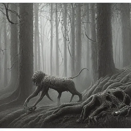 Prompt: a forest monster 4k by zdzisław beksiński