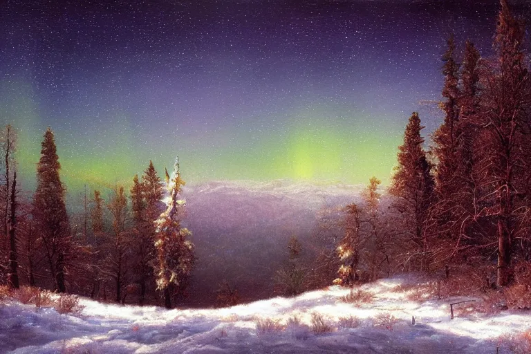 Image similar to mountains, trees, beautiful nature, winter, night, northern lights, stars, very detailed, focused, cinematic lighting, oil painting, colorful, canvas, artstation, Sydney Mortimer Laurence, Albert Bierstadt