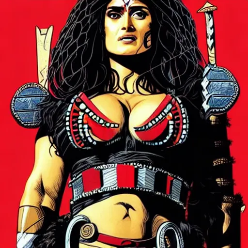 Image similar to a portrait of Salma Hayek as a barbarian warrior intricate details by MARVEL comics and Sandra Chevrier