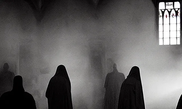 Image similar to a cultist ceremony, cultists with robes and masks, church interior, satanic church interior, the fog. horror lighting, found footage