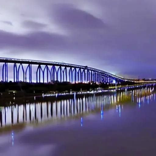 Image similar to blue hour, mostly cloudy sky, palm trees, bridge, curved bridge, dusk, 2 4 0 p footage, 2 0 0 6 youtube video, 2 0 0 6 photograph, home video