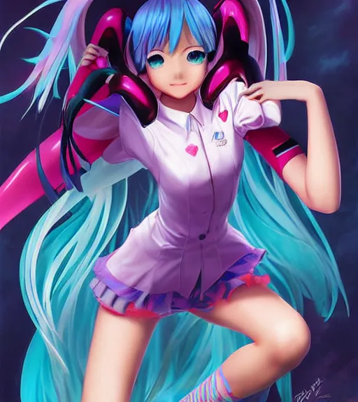 Prompt: Anime art of beautiful Hatsune miku with beautifel legs by artgerm, rossdraws, magali villeneuve, Gil Elvgren, Alberto Vargas, Earl Moran, Enoch Bolles, high detail, digital art