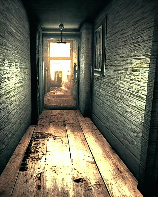 Image similar to Kirby in Resident Evil 7, American gothic interior, wooden floor, atmospheric, nighttime scene, photorealistic narrow hallway with broken windows, horror