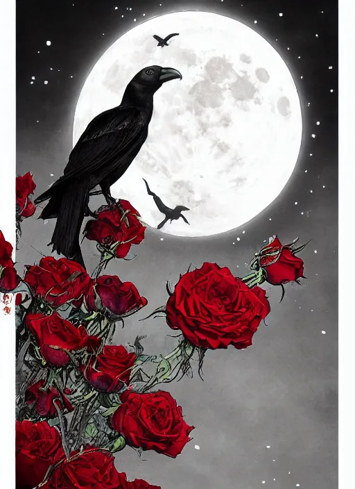 Image similar to portrait, A crow with red eyes in front of the full big moon, book cover, red roses, red white black colors, establishing shot, extremly high detail, foto realistic, cinematic lighting, pen and ink, intricate line drawings, by Yoshitaka Amano, Ruan Jia, Kentaro Miura, Artgerm, post processed, concept art, artstation, matte painting, style by eddie mendoza, raphael lacoste, alex ross