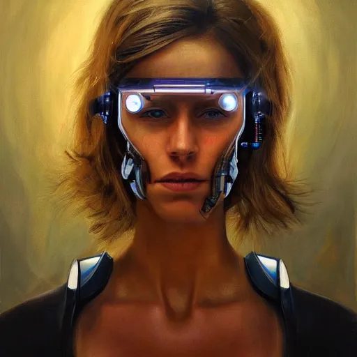 Image similar to amazing portrait of a beautiful cyborg, oil painting. HD