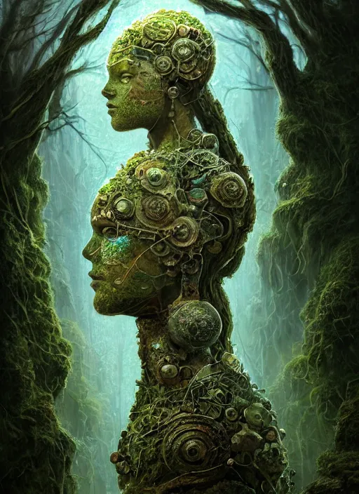 Image similar to Portrait of an Ancient Stone Robot with a tree growing out of her head, patches of moss, translucent leaves, extremly detailed digital painting, in the style of Tomasz Alen Kopera and Fenghua Zhong and Peter Mohrbacher, mystical colors, rim light, beautiful lighting, 8k, stunning scene, raytracing, octane, trending on artstation