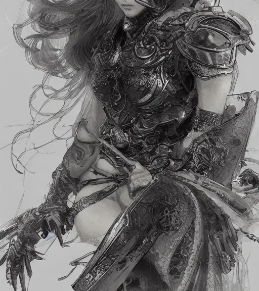 Image similar to portrait of anime woman in armor, pen and ink, intricate line drawings, by craig mullins, ruan jia, kentaro miura, greg rutkowski, loundraw