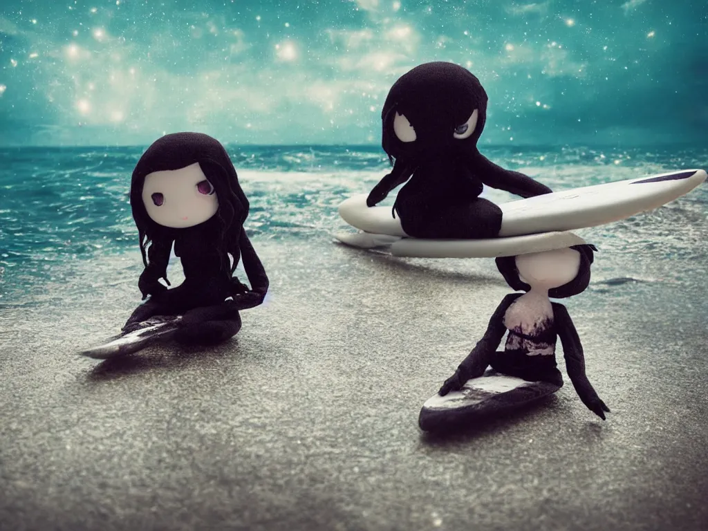 Image similar to cute fumo plush gothic maiden alien girl sitting on a surfboard in the waves of the dark galactic abyss, tattered ragged dress, ocean waves and reflective splashing water, vignette, vray