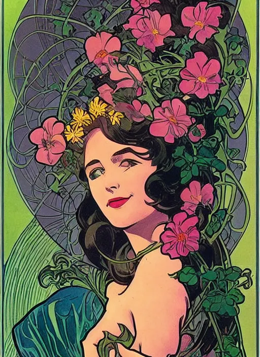 Image similar to a beautiful young woman. she is a flower fairy. well composed, clean elegant painting, beautiful detailed face. retro comic book art by steve ditko and jack kirby and ( alphonse mucha )