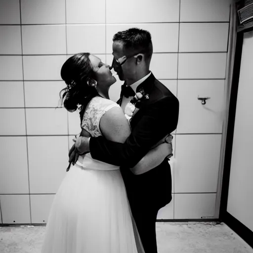Prompt: a bride and groom embrace inside of a morgue, wedding photo