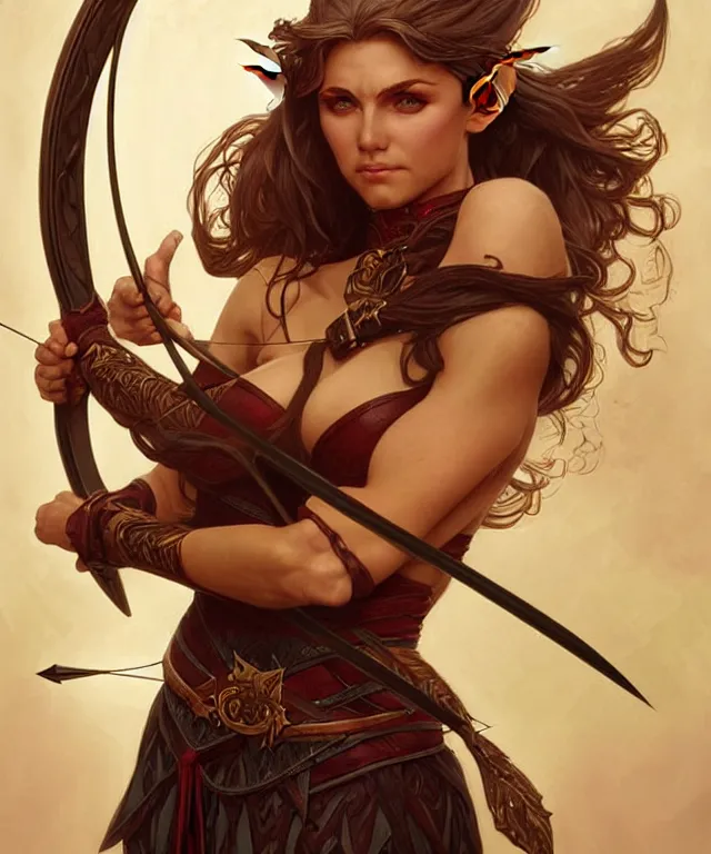 Image similar to a strong powerful angry fantasy elf woman with a bow and arrow, portrait, fantasy, intricate, elegant, highly detailed, digital painting, artstation, concept art, smooth, sharp focus, illustration, art by artgerm and larry elmore and alphonse mucha