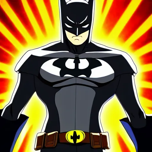 Prompt: Anime Batman, full-body shot, backlit, in the style of One Punch Man, extremely detailed, grim expression