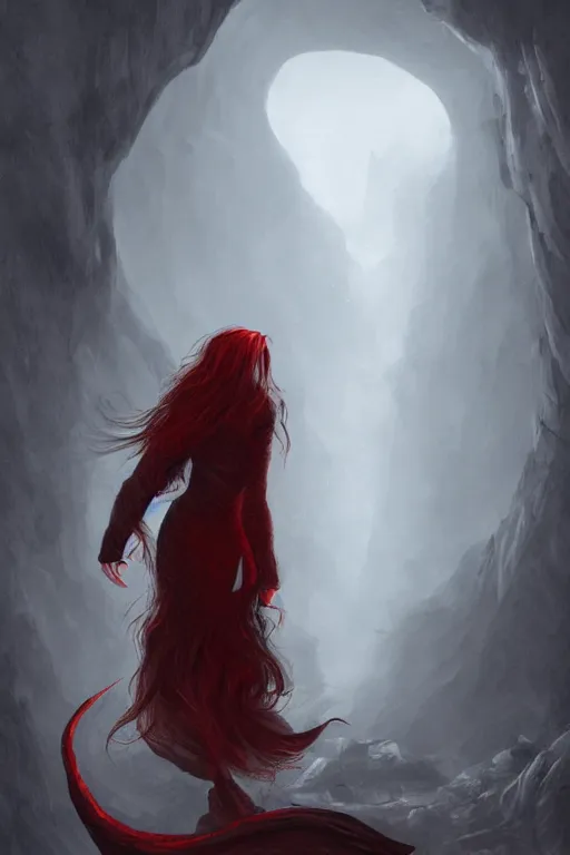 Prompt: back view of a curly long black haired woman wearing grey hoodie discovering a red dragon in a cave, digital art, trending on artstation, fantasy painting-n 6