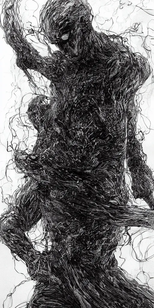 Image similar to concept art of a man with his body covered in burns, with black smoke coming out of his hands, full body, dark colors, sinister atmosphere, dramatic lighting, cinematic, establishing shot, extremely high detail, photo realistic, cinematic lighting, pen and ink, intricate line drawings, by Yoshitaka Amano, Ruan Jia, Kentaro Miura, Artgerm, post processed, concept art, artstation, matte painting, style by eddie mendoza, raphael lacoste, alex ross,