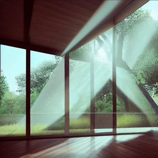 Image similar to futuristic house where nature blends into architecture, beam of light entering from a window, structure merging into the landscape, octane render, 4k