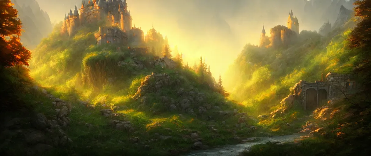 Prompt: digital painting of a detailed castle town, behind a forest, large mountains in back, concept art, low angle, high detail, warm lighting, volumetric, godrays, vivid, beautiful, trending on artstation, by Jordan grimmer, no focus, huge scene, grass, no bricks