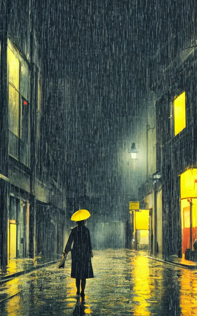 Image similar to a woman holding a yellow umbrella walking on the wet street on a rainy night in a fukuoka alley way by wes anderson and makoto shinkai. dramatic lighting. cel shading.