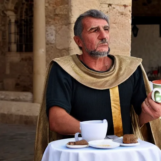 Prompt: a man wearing a roman costume drinking a coffee in alhaurin de la torre in spain