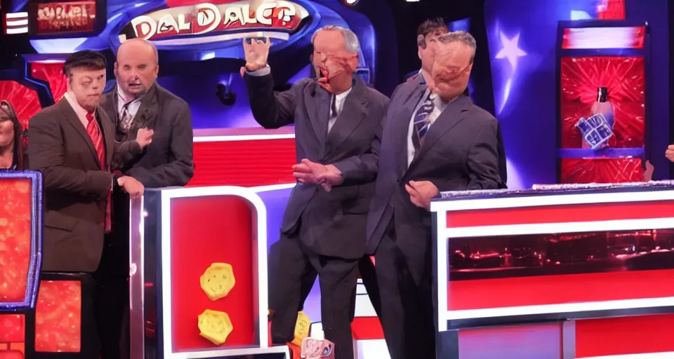 Image similar to deal or no deal game show, contestant opens briefcase and finds a hamburger