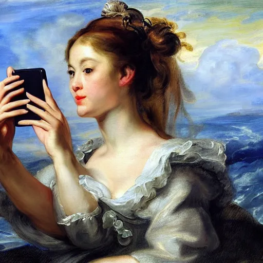 Image similar to heavenly summer sharp land sphere scallop well dressed lady taking a selfie with her iphone auslese, by peter paul rubens and eugene delacroix and karol bak, hyperrealism, digital illustration, fauvist, iphone