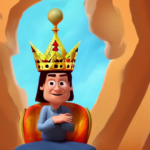 Image similar to a man with a crown on his head, dressed in a robe, sitting on a throne, in the desert, in the background a thunderstorm, pixar, artstation, high detailed,