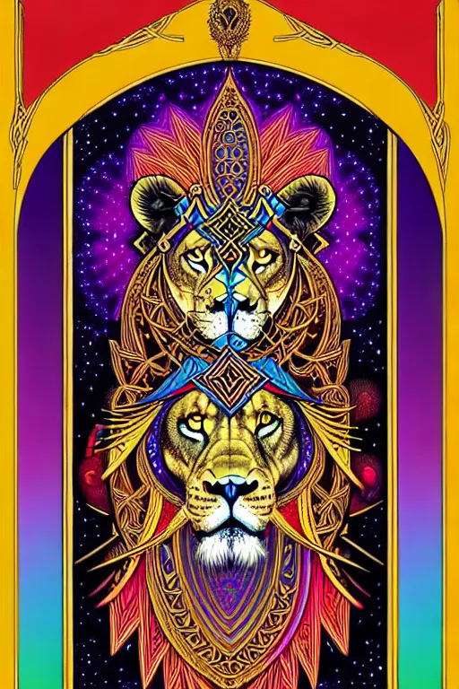 Image similar to beautiful and colorful fractal tarot card featuring an ornate, realistic, and regal viking lion by Dan Mumford, by Jim Fitzpatrick, by joe wilson, featured on deviant art, trending on artstation