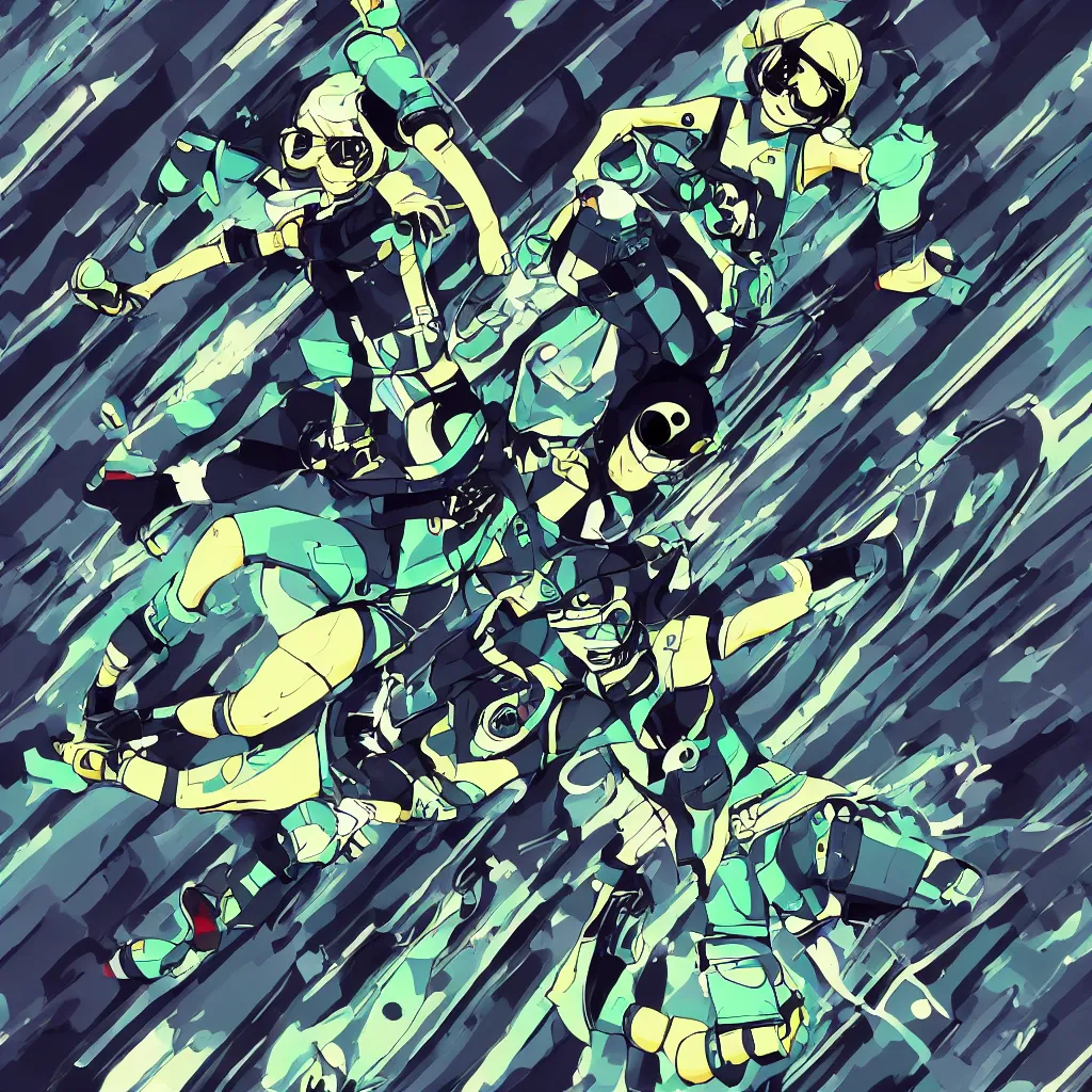 Image similar to nekojiru, ryuta ueda artwork, jet set radio artwork, stripes, gloom, space, cel - shaded art style, broken rainbow, data, minimal, hashiguchi chiyomi artwork, code, cybernetic, dark, eerie, cyber