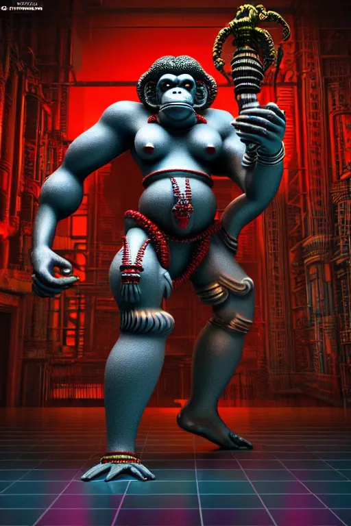 Prompt: high quality 3 d render neo - rococo cyberpunk hanuman! head building, neon madhubani, highly detailed, in sci - fi mumbai, cinematic smooth unreal engine, lee madgwick & liam wong, dramatic light, low angle, uhd 8 k, sharp focus