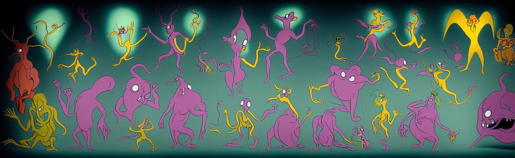 Image similar to whimsical unanny creatures from the depths of the collective unconscious, dramatic lighting, surreal fleischer cartoon characters