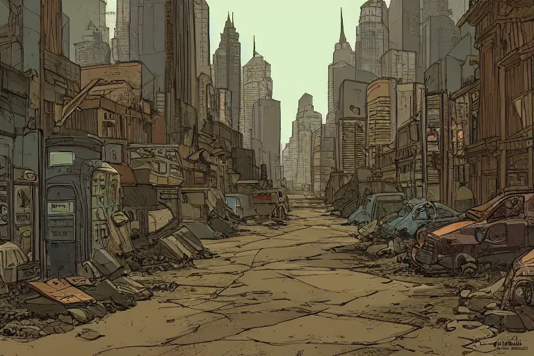 Prompt: A post apocalyptic city street, in the style of Moebius