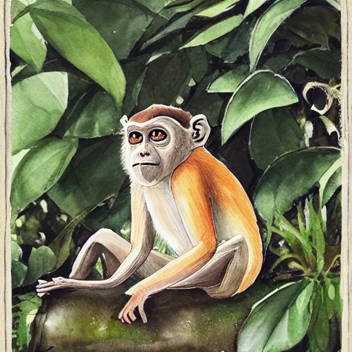 Prompt: delicate, king monkey on the throne, garden, paved, botanic watercolors, iridescent, 8 k, realistic shaded, fine details, artstation, italian, iron gate, tree, mediterranean, marvelous