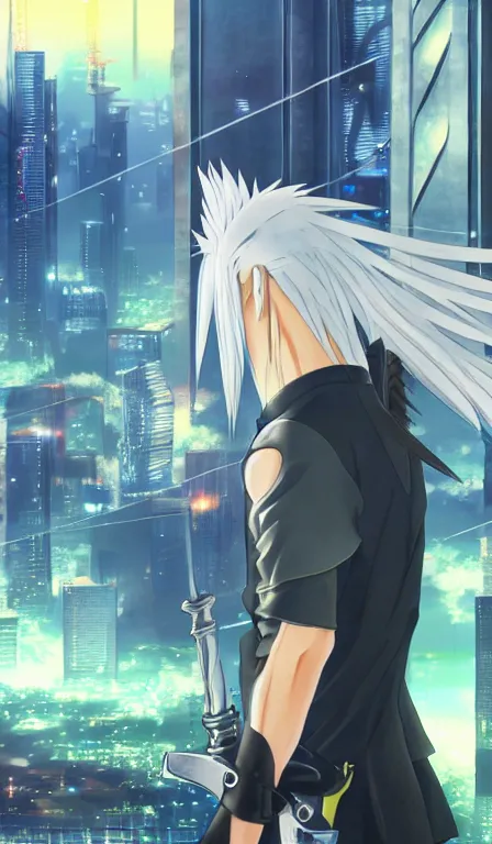 Image similar to anime fine details portrait of Sephiroth in front of cyberpunk moder city landscape on the background deep bokeh, close-up view, anime masterpiece by Studio Ghibli. 8k, sharp high quality anime, artstation