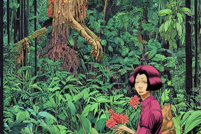 Prompt: woman, dense jungle, trees, huge flowers, risograph!, omnious, dark, oldschool vintage sci - fi flat surreal design, super - detailed, painting by moebius and satoshi kon and jodorowski and katsuhiro otomo and kim jung gi, hd, 4 k, high quality