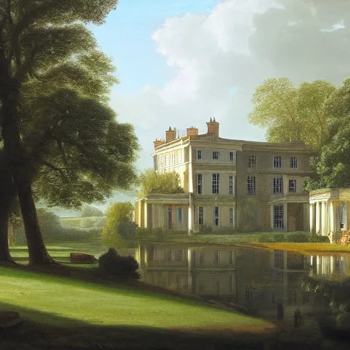 Prompt: a large serene beautiful matte painting of a quaint english country mansion, by asher brown durand and george ault, featured on artstation