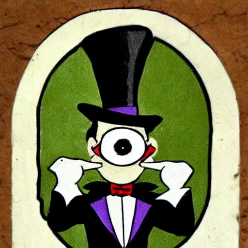 Image similar to a small vampire with a top hat and a monocle in the style of cupehead old cartoon