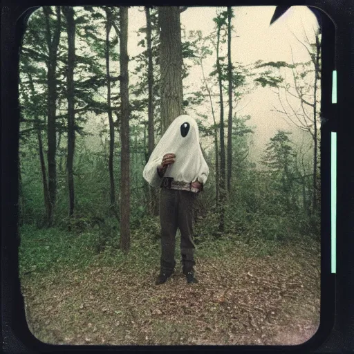 Image similar to man wearing a ghost face mask in the woods, 8 0 s, polaroid, disposable film, 8 mm